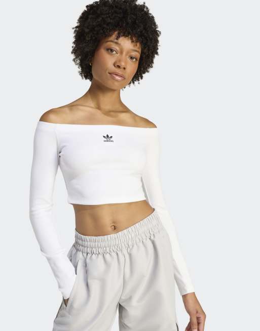 adidas Originals – Essentials – Schulterfreies, langärmliges, geripptes Shirt in Weiß, 3 von 4