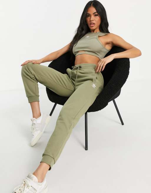 adidas Originals Essentials slim fit trackies in khaki with white logo