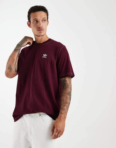 adidas Originals – Essentials – Vinröd t-shirt med kontrastsömmar och treklöverlogga - view 1