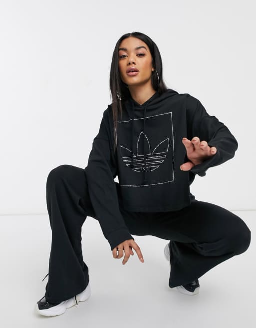 adidas Originals - Fakten - Sweat à capuche avec motif trèfle en strass -  Noir