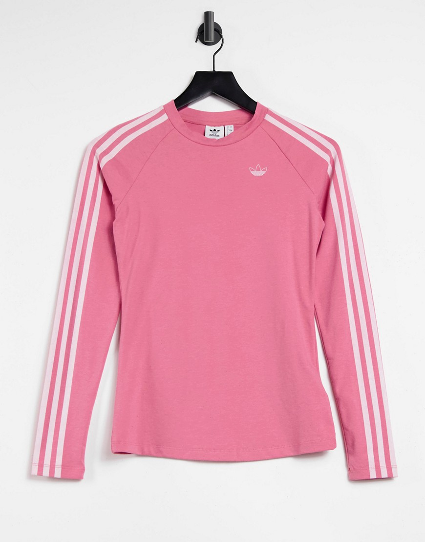 Adidas Originals Fakten three stripe logo fitted long sleeve top in hazy rose-Pink
