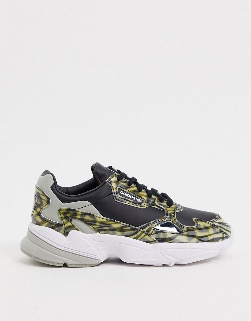 Adidas Originals Falcon trainers in black with animal print detail-Grey