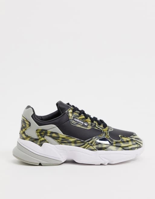 adidas Originals Falcon trainers in black with  animal print detail