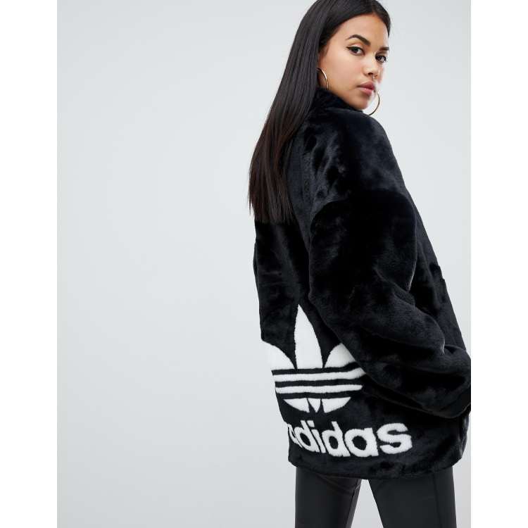 adidas Originals faux fur jacket with back trefoil logo in black