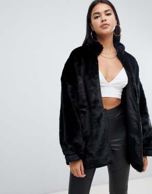 adidas originals faux fur jacket with back trefoil logo in black