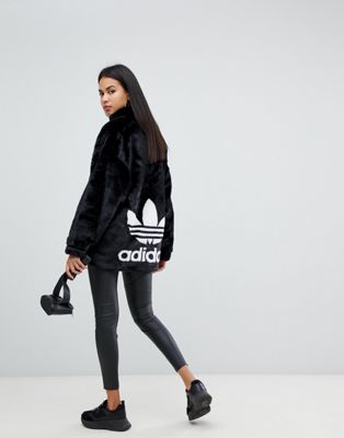 adidas originals faux fur jacket with back trefoil logo in black