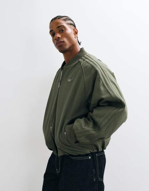 adidas Originals faux leather bomber jacket in dark khaki - view 1