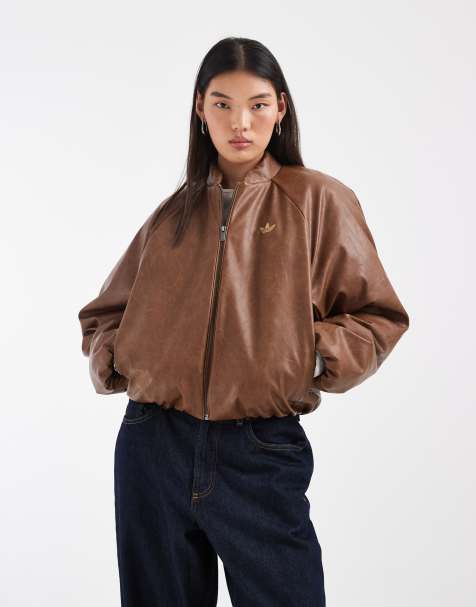 adidas Originals faux leather bomber jacket in washed brown - view 1
