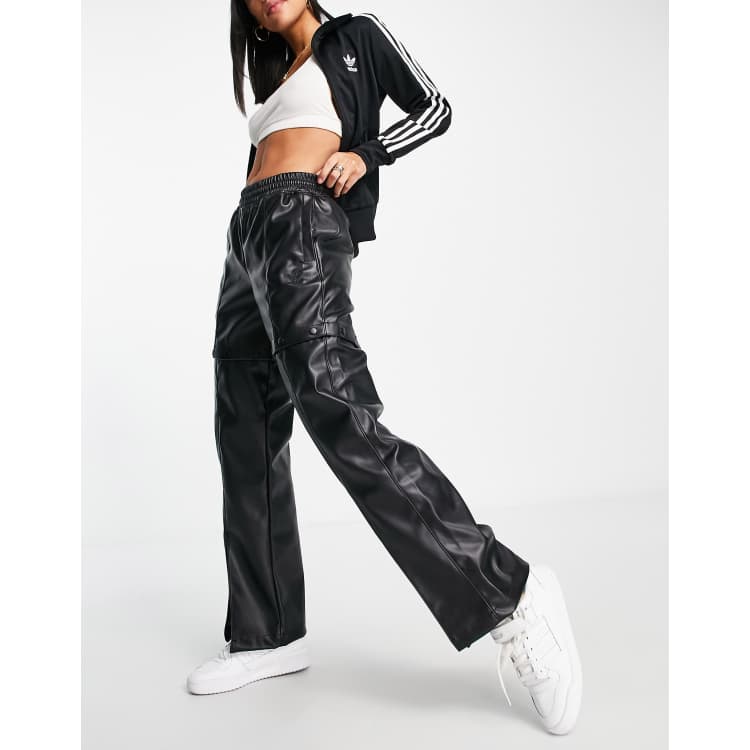 adidas Originals faux leather pants with split hem and popper detail in black