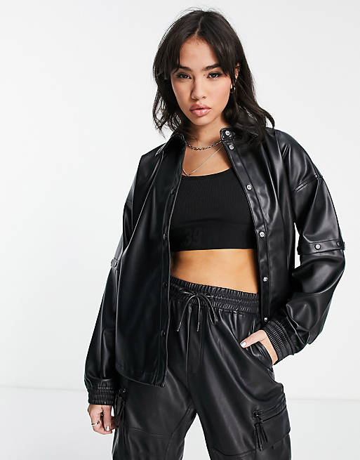 adidas Originals faux leather shirt with popper detail in black | ASOS