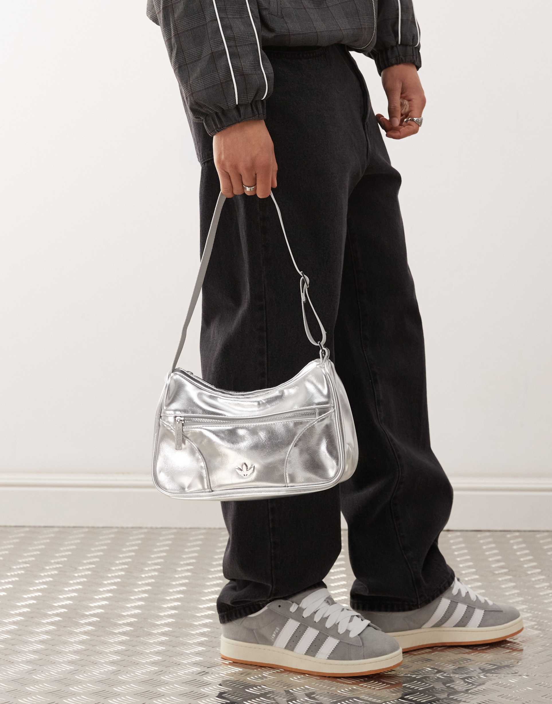 adidas originals faux leather shoulder bag in silver