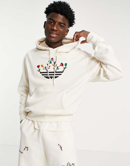 adidas Originals Felpa bianco sporco con cappuccio con trifoglio con fiori