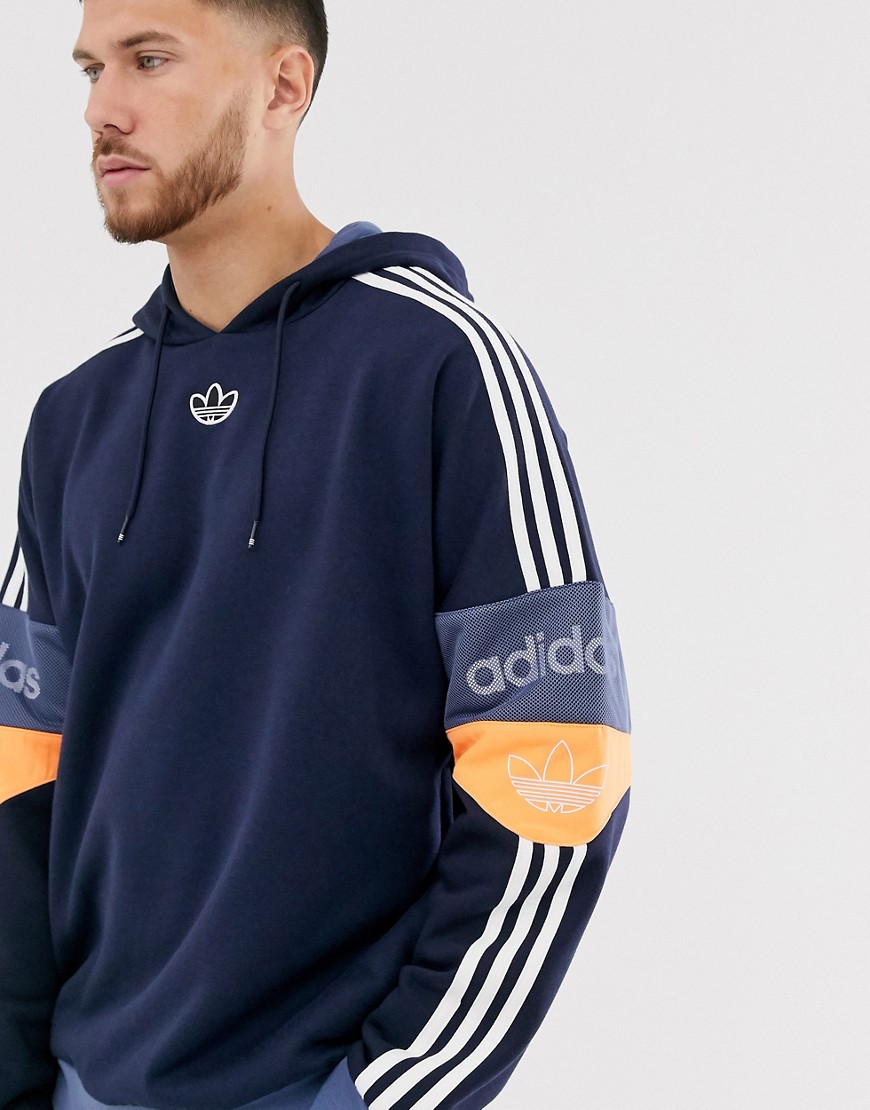Adidas Originals - Felpa blu navy con cappuccio, logo a fascia e trifoglio centrale