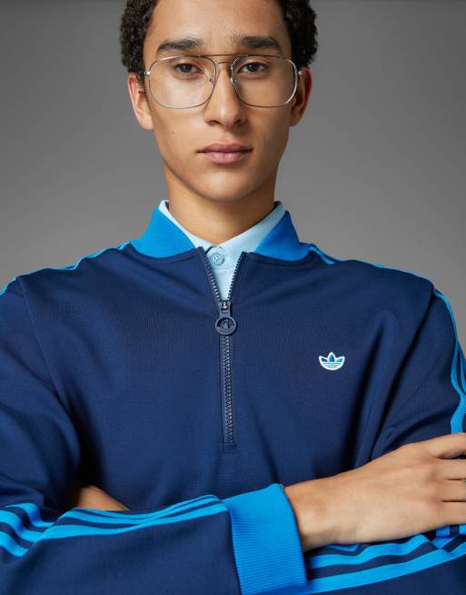 adidas Originals - Felpa da golf blu indaco notte con 3 strisce e zip corta, 2 di 4