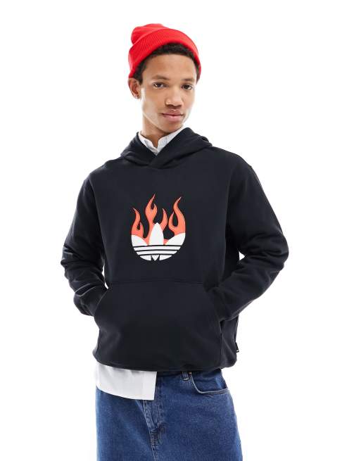 adidas Originals - Felpa nera con cappuccio e logo a trifoglio con fiamme