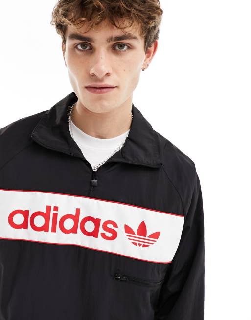 adidas Originals Felpa nera con zip corta e logo lineare bianco e rosso