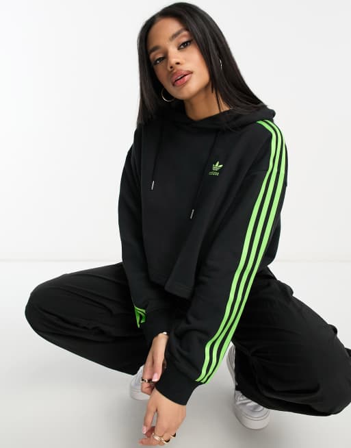 adidas Originals Felpa taglio corto nera e lime con 3 strisce