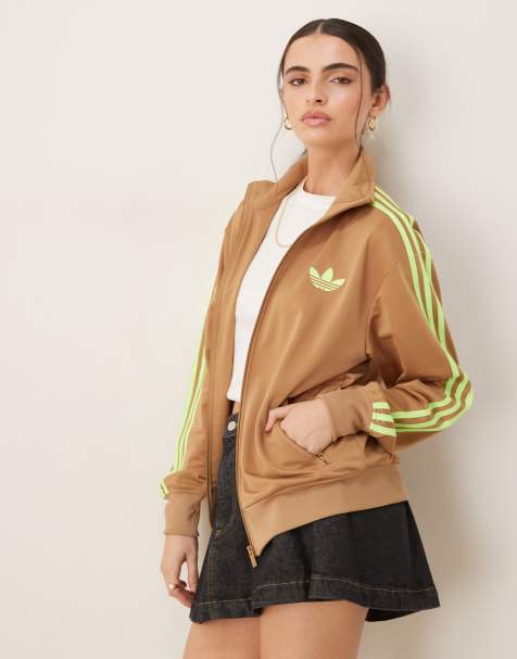 adidas Originals Firebird Loose track top in beige and lime