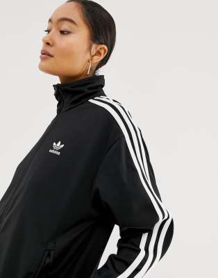 Adidas originals firebird black three stripe 2025 jacket in black