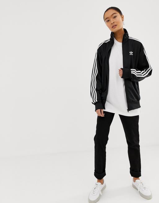 Adidas originals firebird black shop three stripe jacket in black