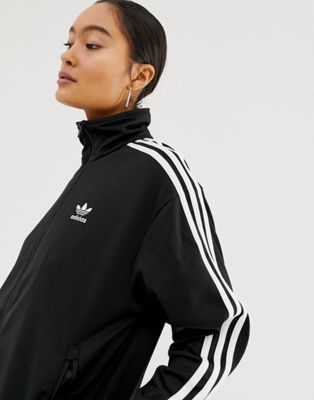 adidas originals firebird black three stripe jacket in black