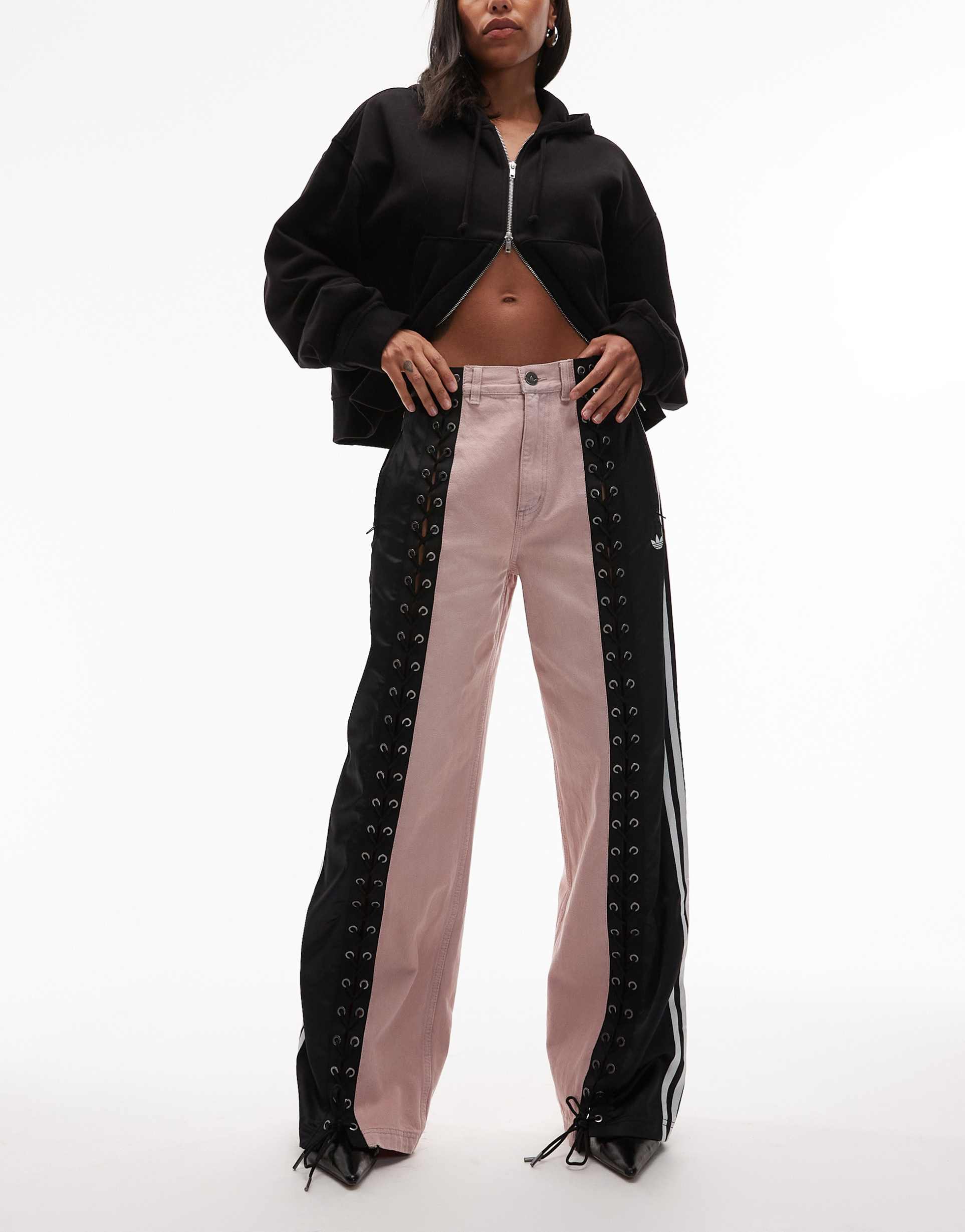 adidas originals firebird denim track pants in pink and black