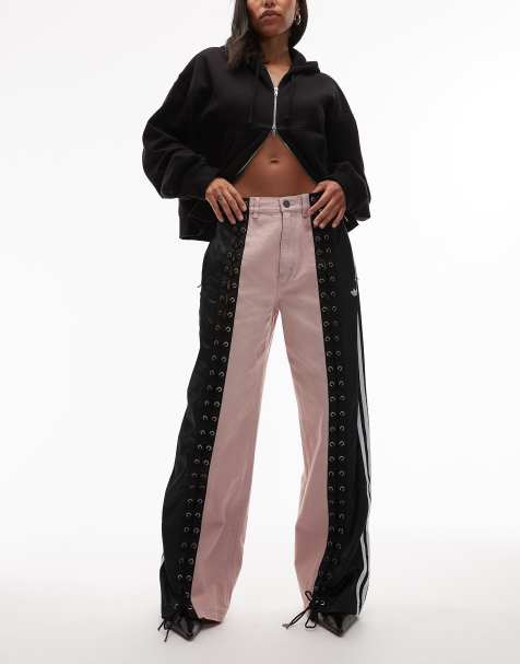 adidas Originals Firebird denim track pants in pink and black