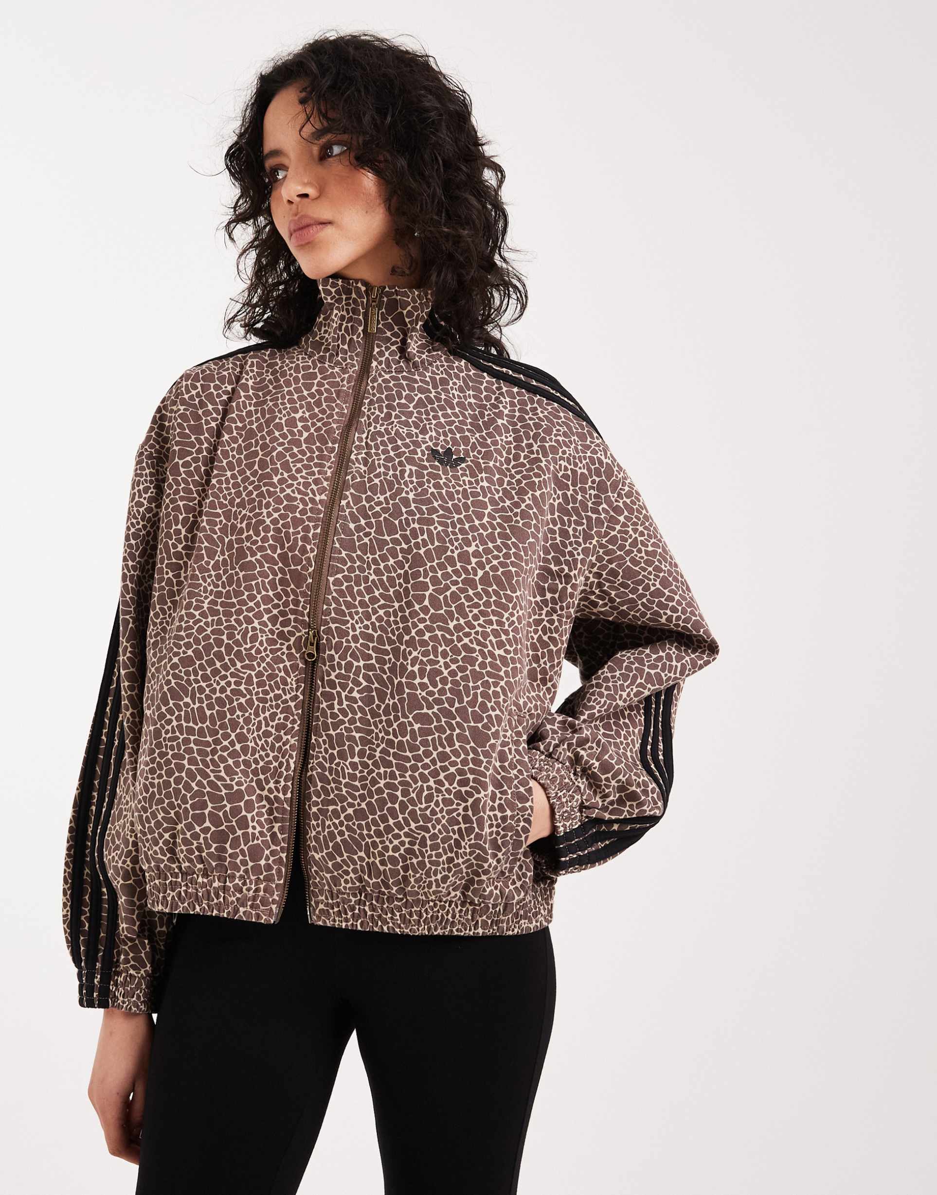 adidas originals firebird denim track top in brown animal print