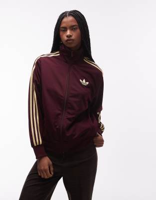 adidas Originals - Firebird - Locker geschnittene Trainingsjacke in Kastanienbraun und Buttergelb-Rot