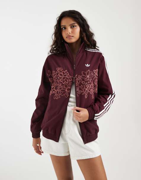 adidas Originals Firebird lockeres Tracktop mit Blumenstickerei in Burgunderrot - view 1