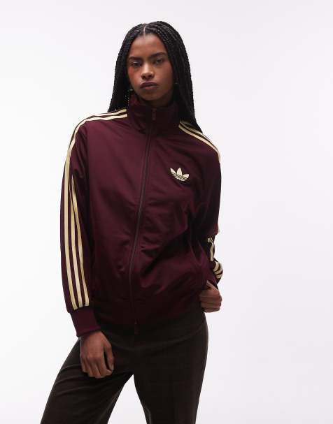 adidas Originals Firebird loose track jacket in maroon and butter yellow