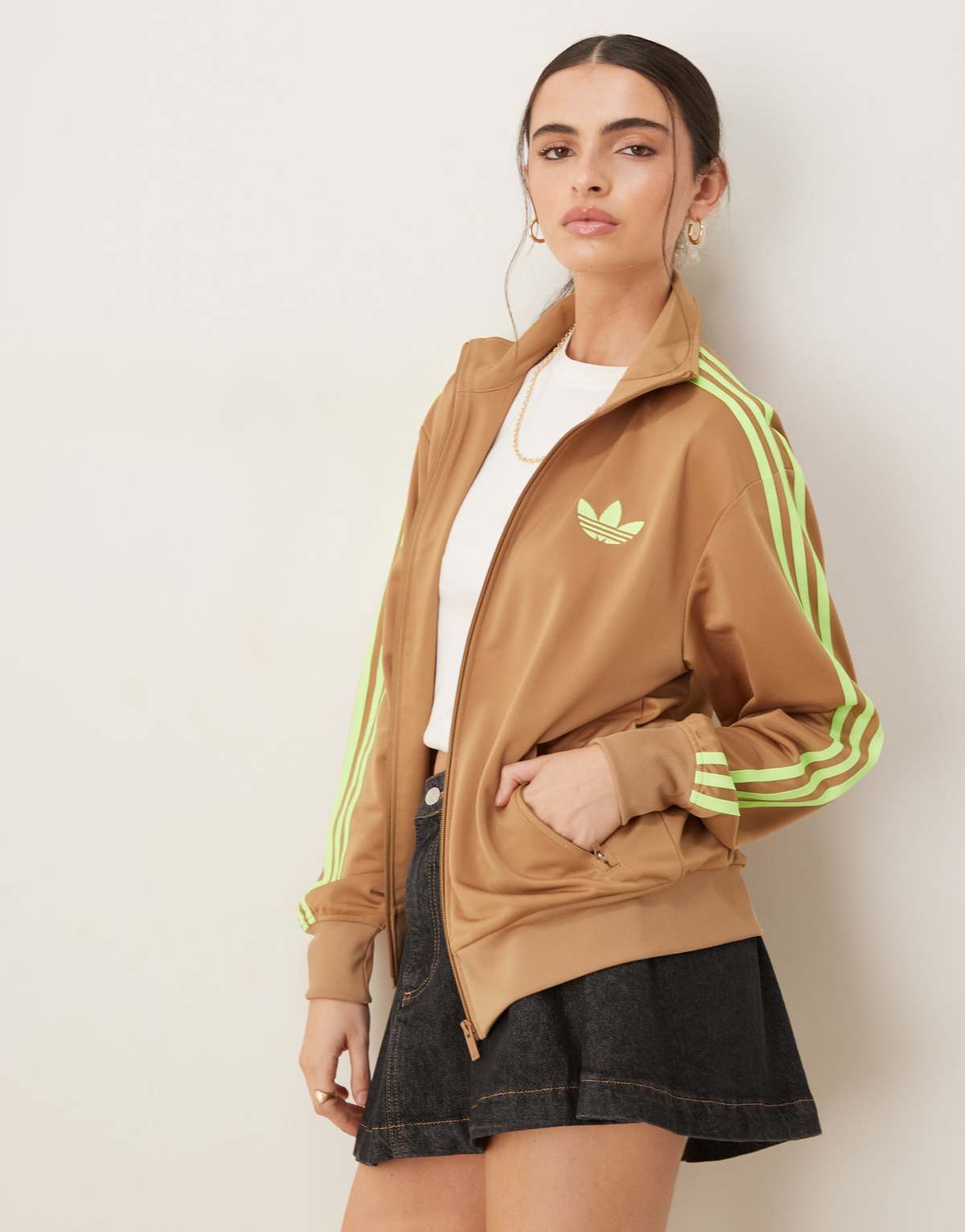 adidas Originals Firebird Loose track top in beige and lime