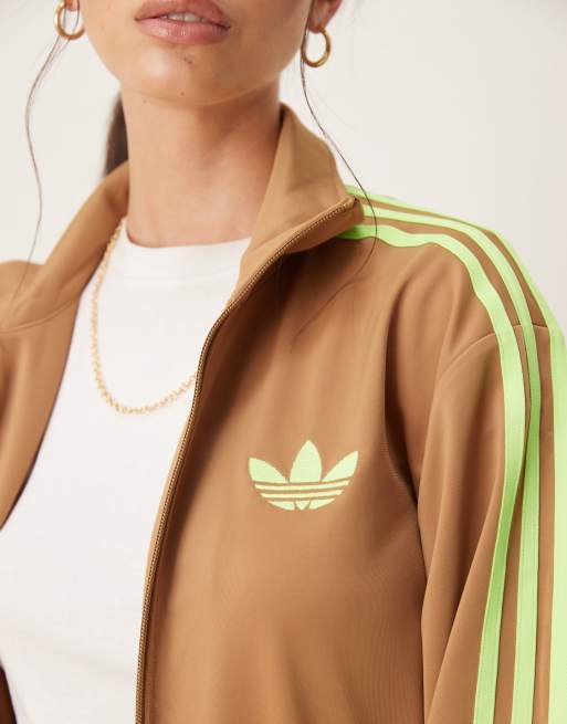 adidas Originals Firebird Loose track top in beige and lime
