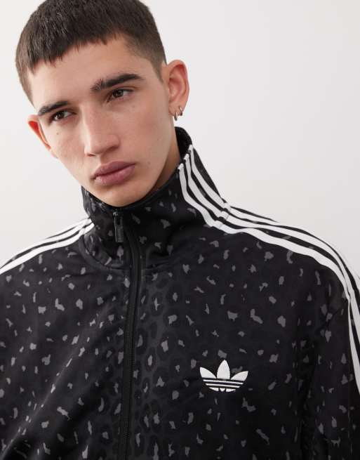 adidas Originals Firebird loose track top in black leopard print