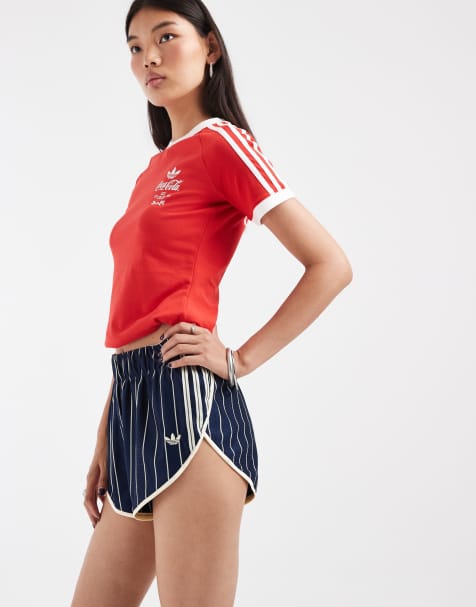 adidas Originals Firebird pinstripe shorts in navy and warm vanilla