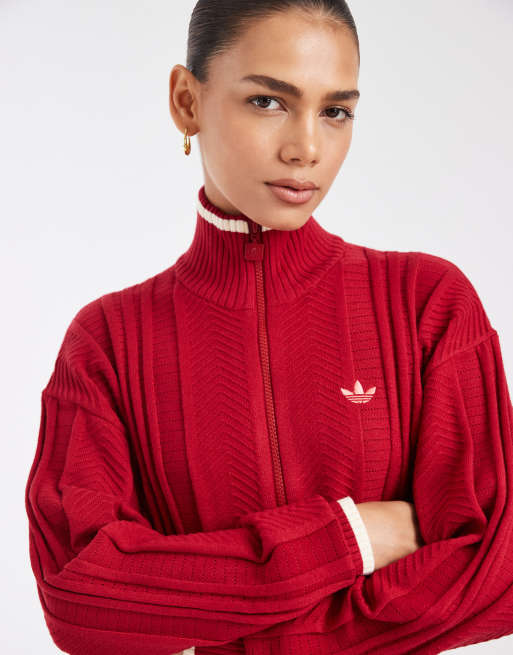 adidas Originals Firebird Pointelle-Strick-Tracktop in Rot, 3 von 4