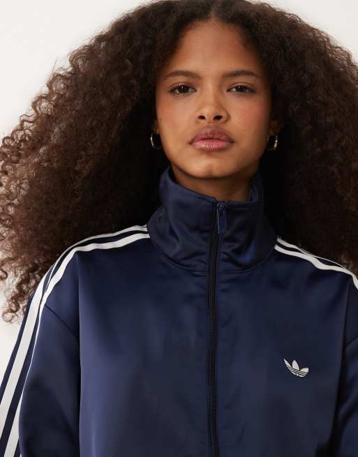 adidas Originals – Firebird – Satin-Trainingsoberteil in Marineblau mit Spitzensaum, 2 von 4