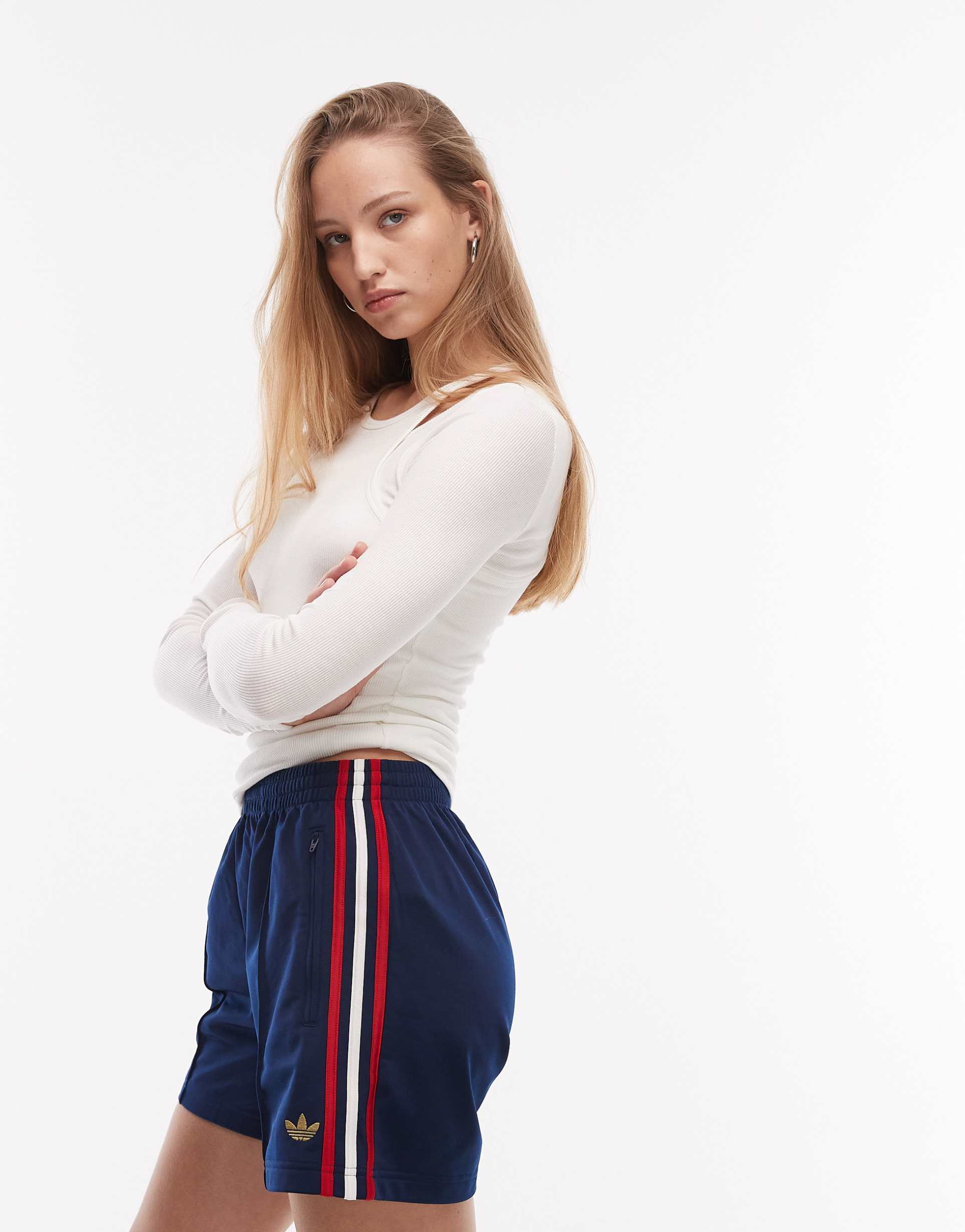 adidas originals firebird shorts in navy with red detailing