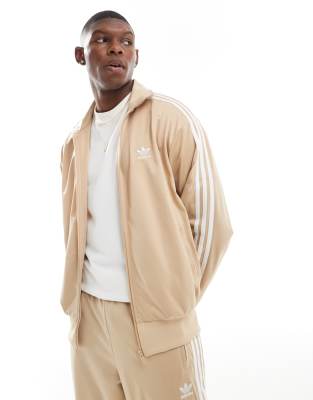 adidas Originals Firebird track jacket with funnel neck in beige-White