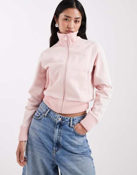 adidas Originals Firebird track top with knitted crochet details in sandy pink - view 1