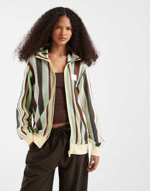 adidas Originals – Firebird – Trainingsoberteil aus Häkelstoff in Braun und Grün gestreift, 2 von 4