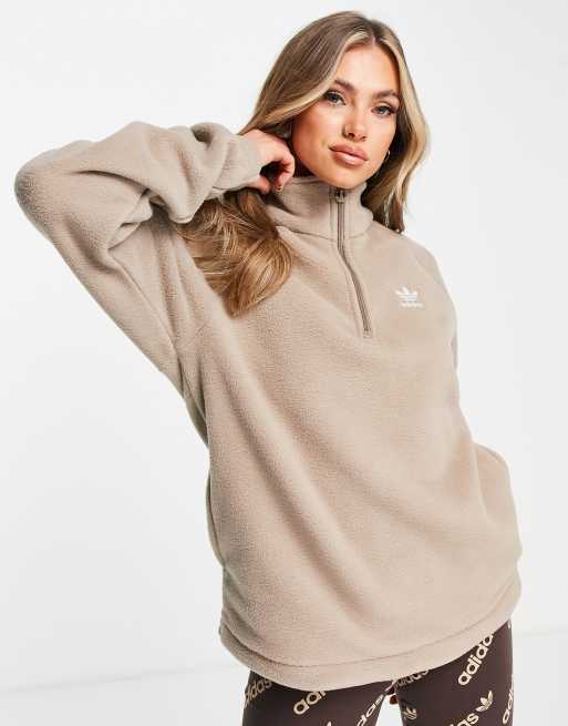 adidas Originals – Fleece-Oberteil in gebrochenem Beige mit kurzem Reißverschluss