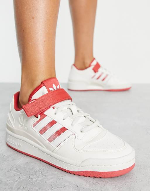 Adidas white shoes hot sale red stripes