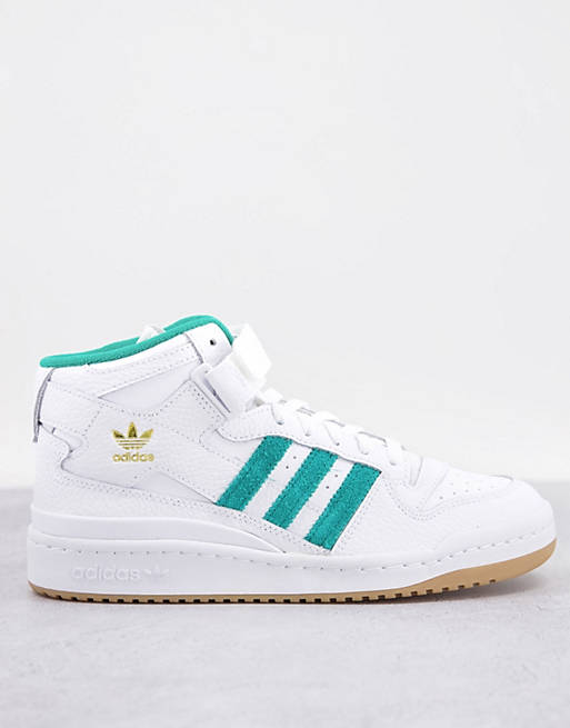  Trainers/adidas Originals Forum mid trainers in white with green stripes 