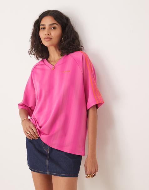 adidas Originals – Fuchsiarosa, randig t-shirt i avslappnad passform - view 1