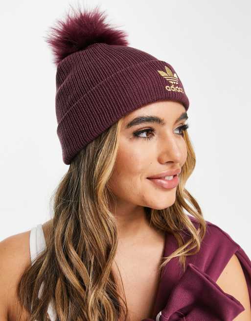 adidas Originals fur pom pom beanie in maroon | ASOS