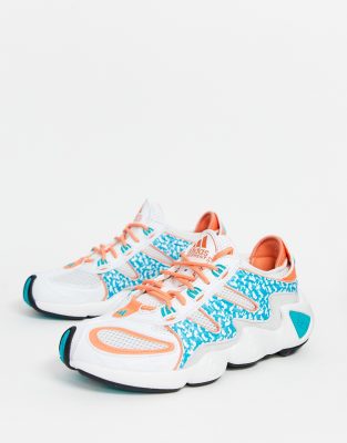 aqua and orange sneakers