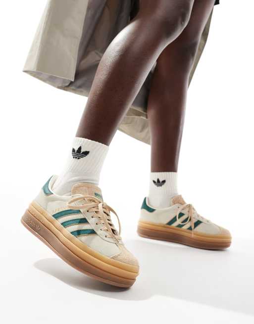 adidas Originals Gazelle Bold platform sneakers in cream and green with gum  sole