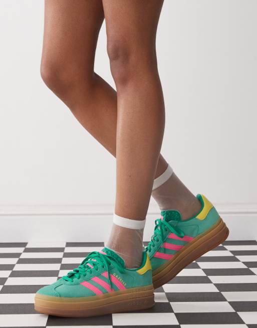 adidas Originals Gazelle Bold platform sneakers in green and pink