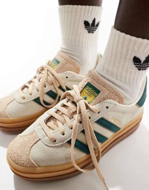 adidas Originals Gazelle Bold platform trainers in cream and green with gum sole